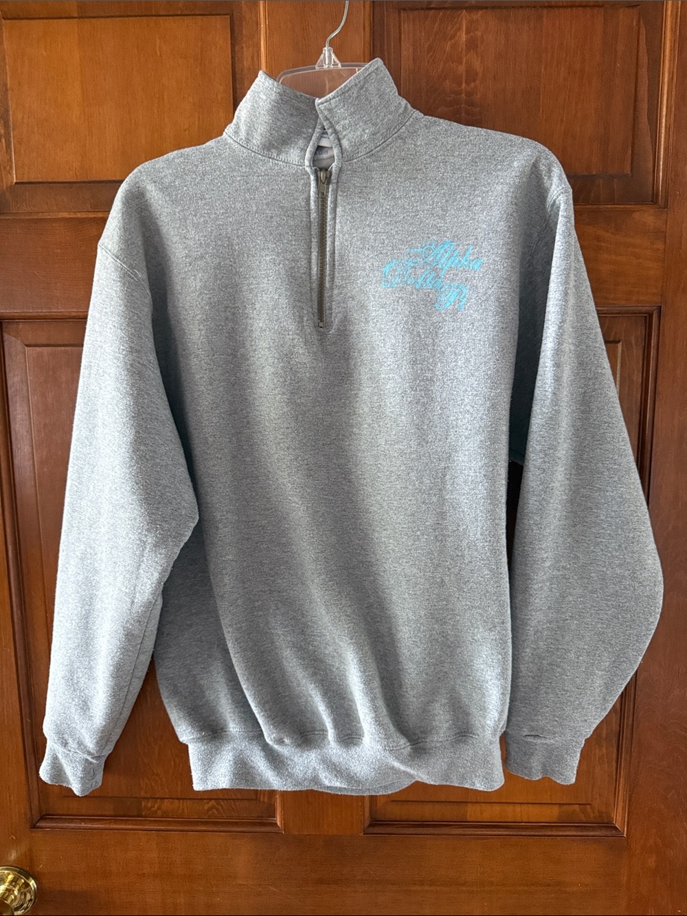 Jerzees Gray Quarter-Zip Pullover with Turquoise Script
